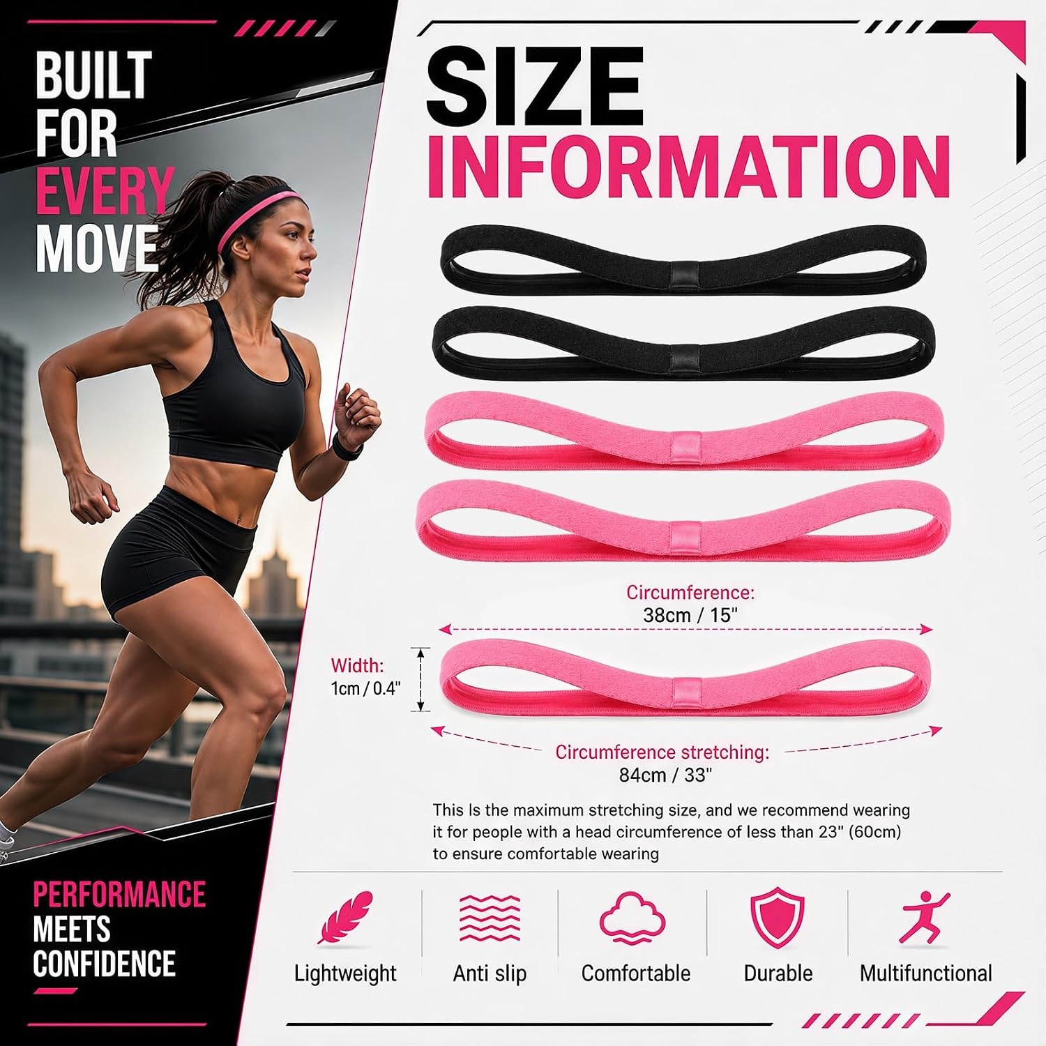 image:image9 Pieces Thick NonSlip Elastic Sport Headbands Elastic Silicone Grip Exercise Hair and Sweatbands for Yoga Assorted ColorsBlack Pink