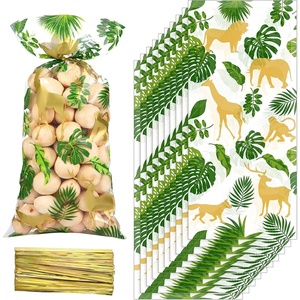 image:imageSumind 100 Pieces Jungle Safari Animal Cellophane Treat Bags Safari Animal Palm Leaves Plastic Candy Goodie Party Gifts Bags with Gold Twist Ties for Wild One Baby Shower Birthday Party Favors