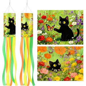 image:imageSumind 2 Pieces Windsock Flag 40 Inch Hanging Windsock Outdoor Hanging Flag Decoration Colorful with Rainbow Colors Tails for Home Garden Balcony Decoration Black Cat FlowersBlack Cat Flowers