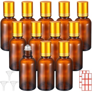 image:imageSumind 24 Sets Clear 30ml Roller Glass Bottle Essential Oil with Stainless Steel Refillable Sample Container Brown Empty Roller Bottle Applicator with Funnel Sticker for TravelGold