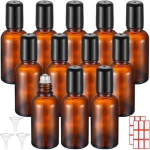 image:imageSumind 24 Sets Clear 30ml Roller Glass Bottle Essential Oil with Stainless Steel Refillable Sample Container Brown Empty Roller Bottle Applicator with Funnel Sticker for TravelAmber