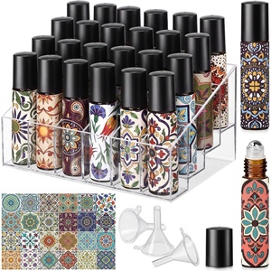 image:imageSumind 24 Pack Essential Oil Roller Bottles 10ml Refillable Amber Glass Roller Bottle Organizer Stainless Steel Balls and Caps Boho Stickers Funnel Leak Proof for Travel Perfume Lip Gloss DIY Gift