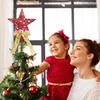 image:imageSumind 98 x 118 Inch Christmas Star Tree Topper Glittered Star Metal Plug in Treetop Ornaments with Bow and 30 LED String Light for Christmas Tree Indoor Holiday Party DecorationBlackRed
