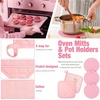 image:imageSumind Pink Oven Mitts and Pot Holders 7 Sets Heat Resistant Kitchen Gloves Pads Pot Holders for Women Gifts Kitchen Accessories GiftPink WhiteRubber CottonStripesPink
