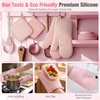 image:imageSumind Pink Oven Mitts and Pot Holders 7 Sets Heat Resistant Kitchen Gloves Pads Pot Holders for Women Gifts Kitchen Accessories GiftPink WhiteRubber CottonStripesPink White