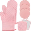 image:imageSumind Pink Oven Mitts and Pot Holders 7 Sets Heat Resistant Kitchen Gloves Pads Pot Holders for Women Gifts Kitchen Accessories GiftPink WhiteRubber CottonStripesPink