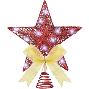 image:imageSumind 98 x 118 Inch Christmas Star Tree Topper Glittered Star Metal Plug in Treetop Ornaments with Bow and 30 LED String Light for Christmas Tree Indoor Holiday Party DecorationBlackRed