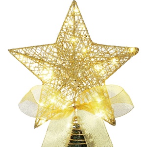 image:imageSumind 98 x 118 Inch Christmas Star Tree Topper Glittered Star Metal Plug in Treetop Ornaments with Bow and 30 LED String Light for Christmas Tree Indoor Holiday Party DecorationBlackGold