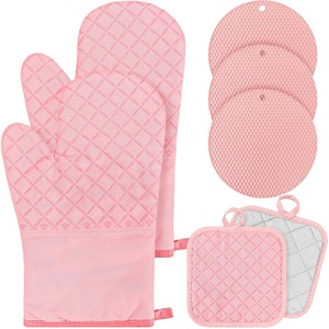 image:imageSumind Pink Oven Mitts and Pot Holders 7 Sets Heat Resistant Kitchen Gloves Pads Pot Holders for Women Gifts Kitchen Accessories GiftPink WhiteRubber CottonStripesPink