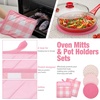 image:imagePink Oven Mitts and Pot Holders 7 Sets Pink White Rubber Cotton PlaidPink White