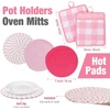 image:imagePink Oven Mitts and Pot Holders 7 Sets Pink White Rubber Cotton PlaidPink White