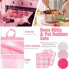 image:imagePink Oven Mitts and Pot Holders 7 Sets Pink White Rubber Cotton PlaidPink White