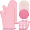 image:imagePink Oven Mitts and Pot Holders 7 Sets Pink White Rubber Cotton PlaidPink White