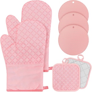 image:imagePink Oven Mitts and Pot Holders 7 Sets Pink White Rubber Cotton PlaidPink