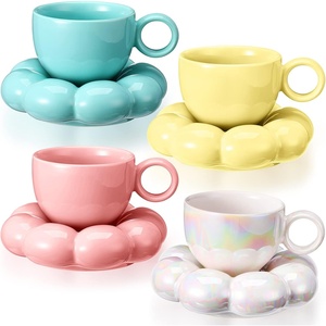 image:imageSumind Ceramic Coffee Mug with Sunflower Coaster Ceramic Cloud Mug Creative Cute Cup Flower Cup Saucer Set Pearl White Yellow Blue Pink 65oz 200ml for Office Home Coffee Tea Latte Milk4 Sets